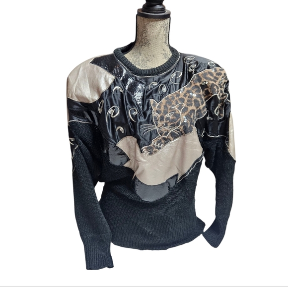 Vintage 80s Ann Stuard Leopard Sweater Bold Animal Appliqué Statement sz Medium - Picture 1 of 9
